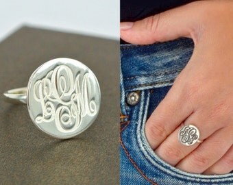Engraved Monogram Ring, Silver Name Ring, Initial Monogram Ring, Personalized Monogram Ring,Monogram Jewelry, Idea Gifts R003