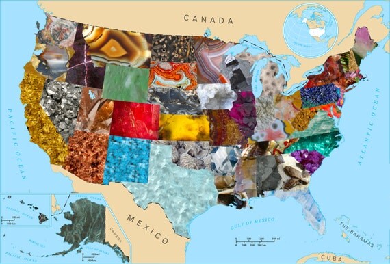 Items similar to United States (U.S.) Map of Official State Rocks, Gems ...