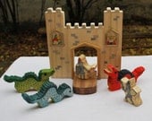 WALDORF WOODEN CASTLE Set with two Knights and three Dragons, customized shields / Handmade Wooden Toy Waldorf Inspired