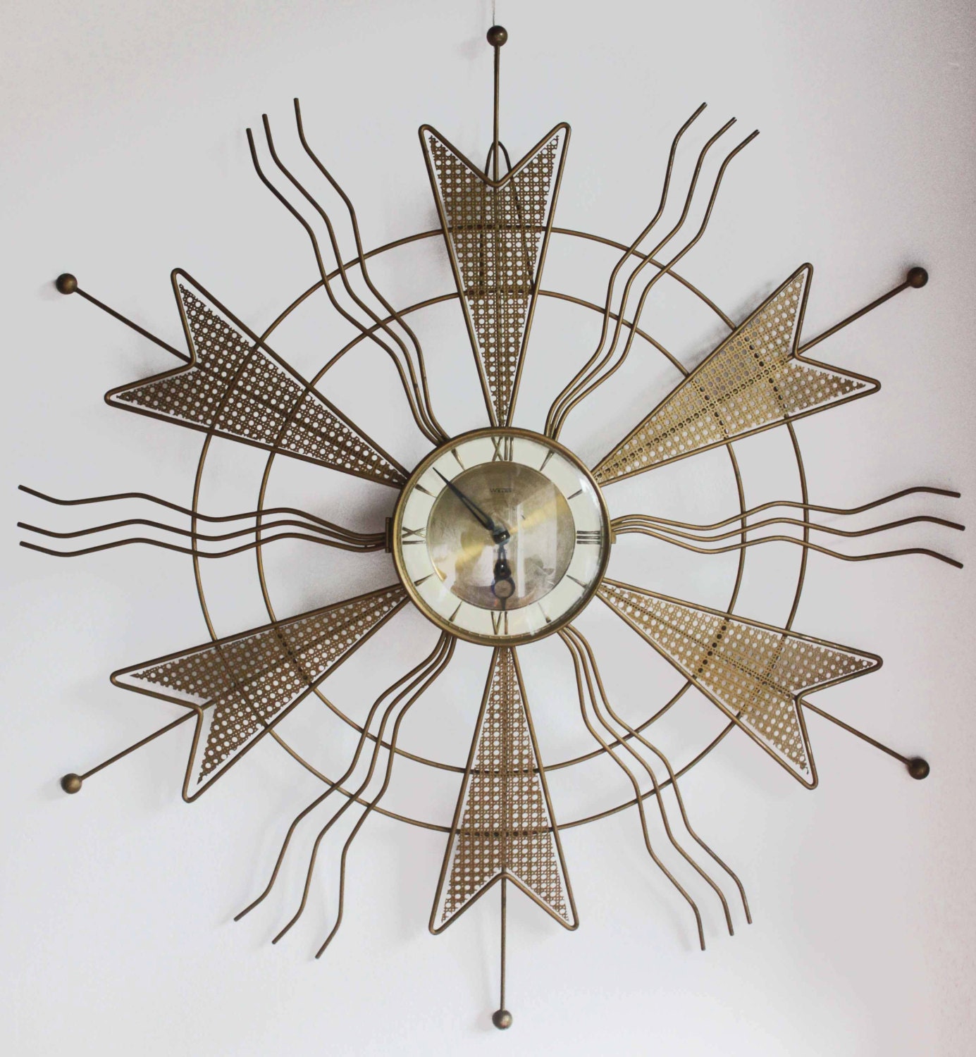 Vintage Mid Century Gold painted Star Burst Style Wall Clock