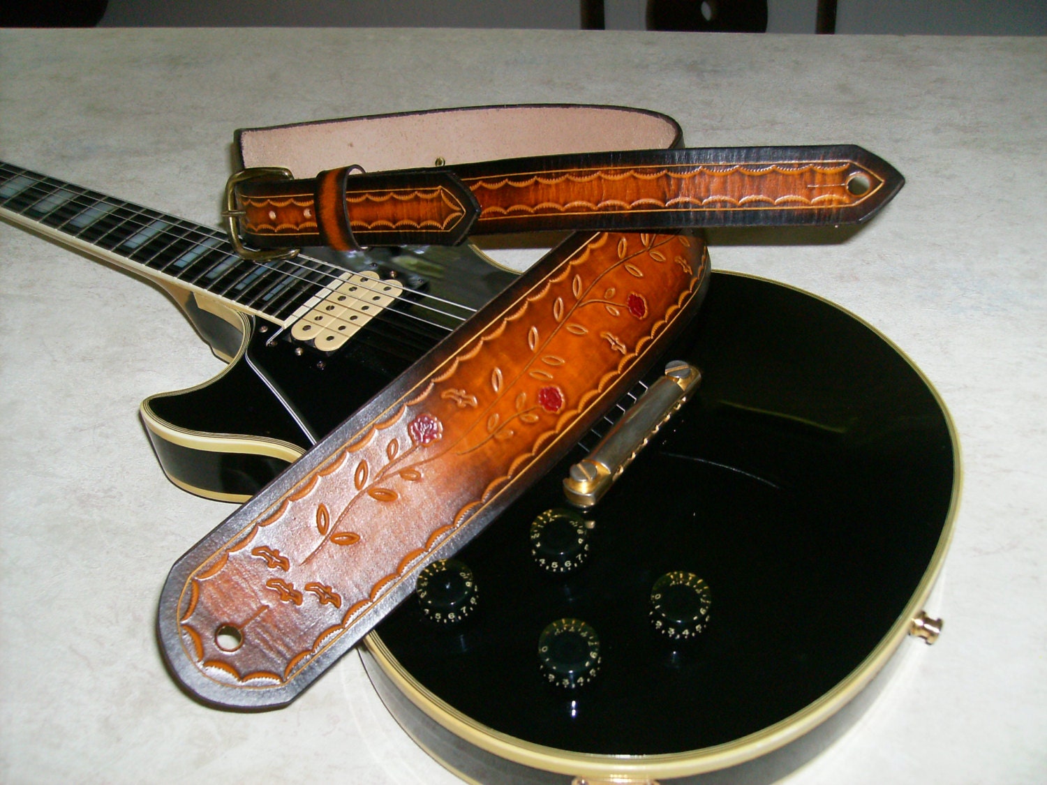 Custom Leather Guitar Strap Tooled Vine Design Tobacco