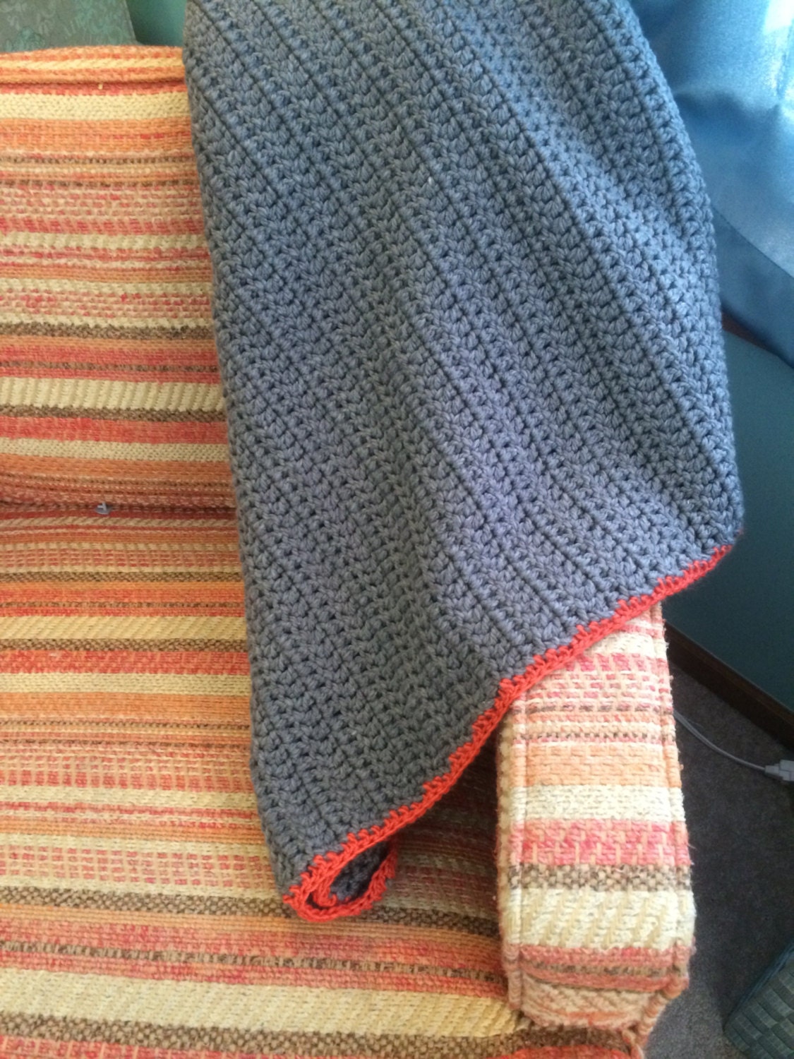 Solid Charcoal Grey Crochet Blanket with Slim Orange Border