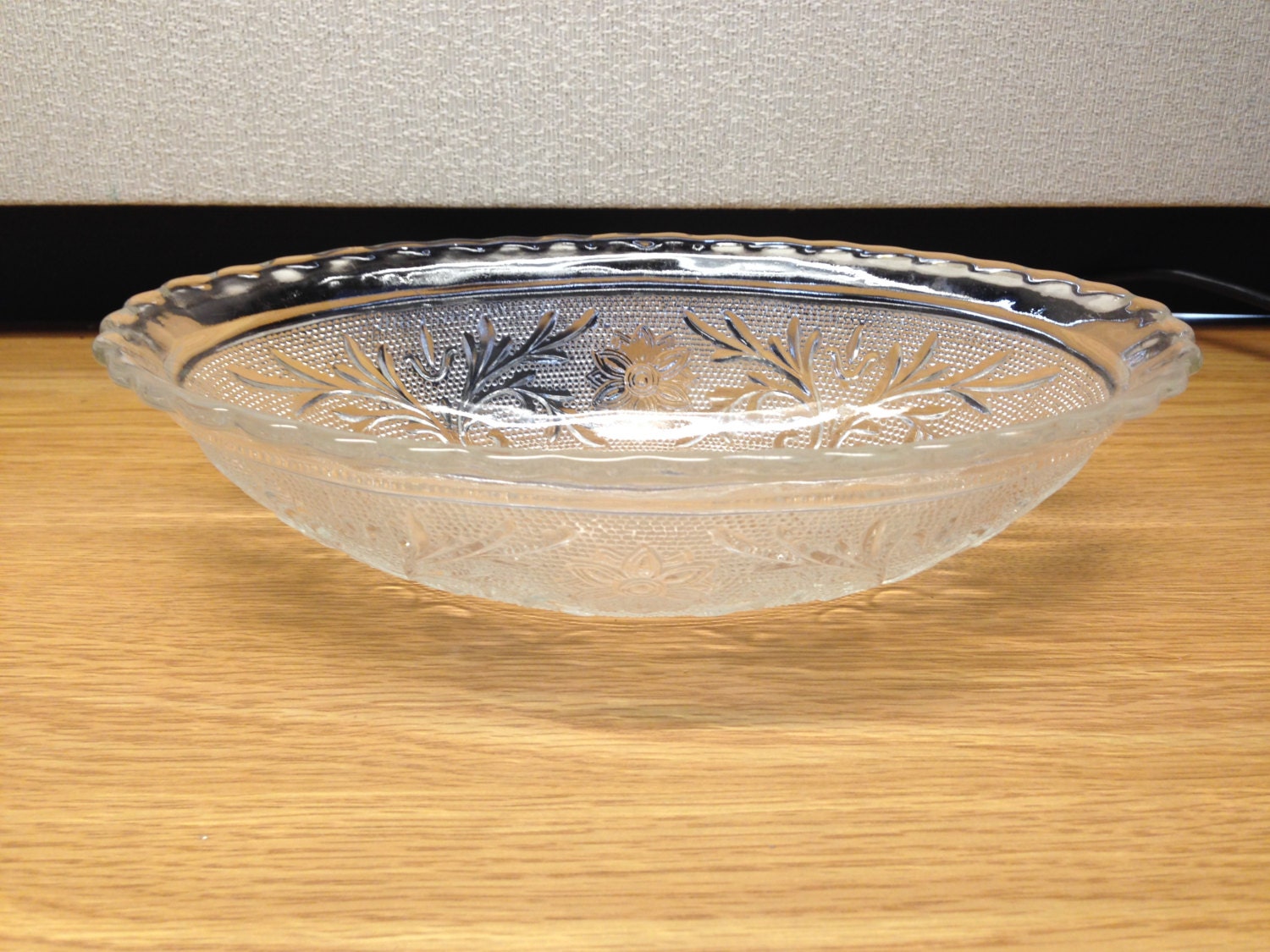 Vintage Etched Glass Oval Dish Bowl Flowers Vines and Bubbles