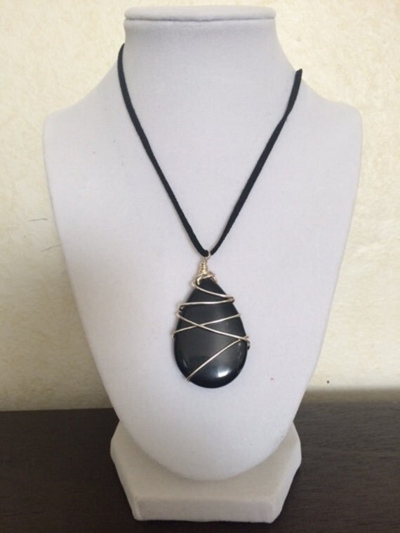 Black Wire Wrapped Teardrop Pendant Necklace by TheJewelryBoxe