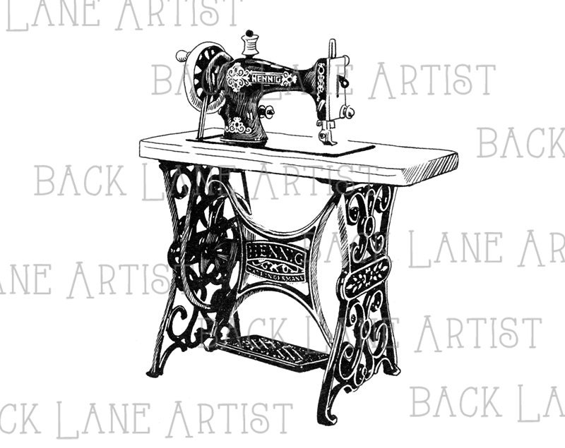 Antique Sewing Machine Clipart Lineart Illustration Instant