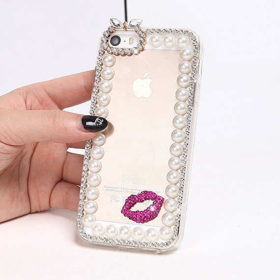 Fashion clear iphone 5/5s case bling crystal iphone 4/4s case red lip iphone cases cover pearl