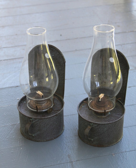 2 Antique Tin oil Keronsene hanging Wall Lamps with Clear