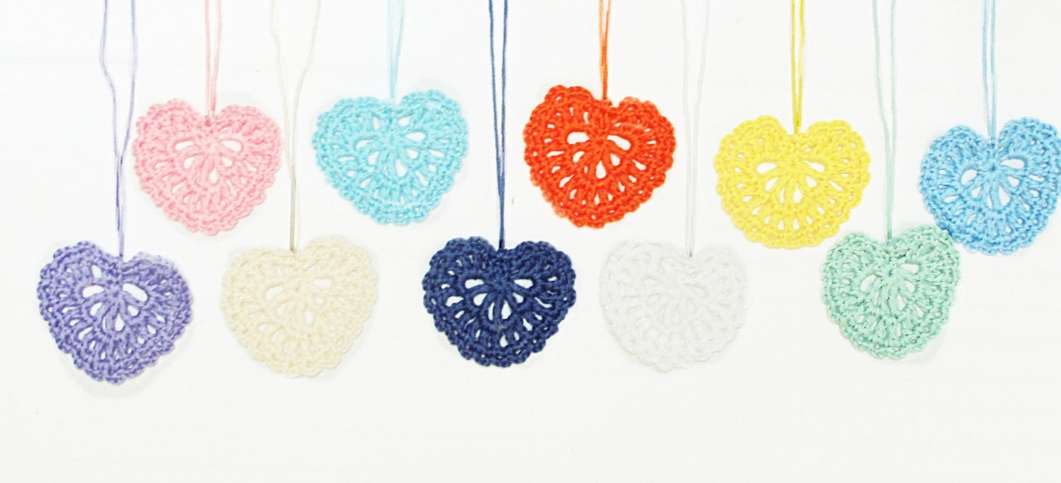 Crocheted hearts ornaments, colorful Valentines day hearts, wedding decorations, nursery room /set of 10/
