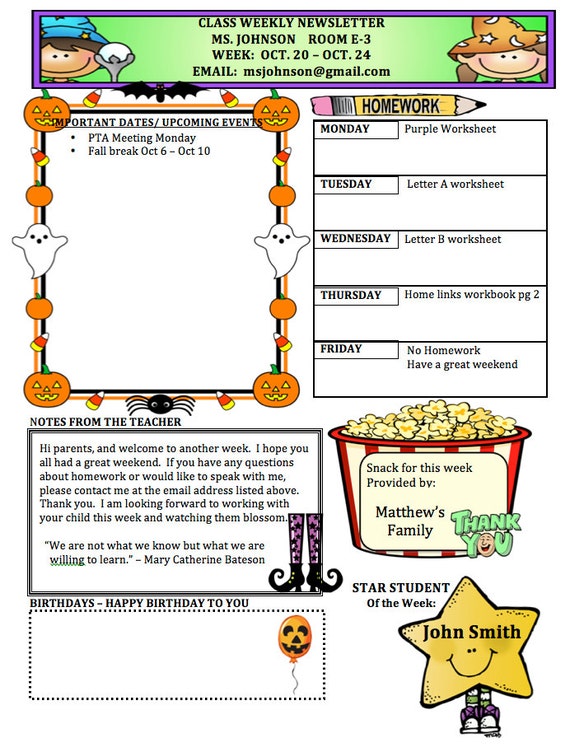 Items similar to Weekly class newsletter template Halloween Theme on Etsy