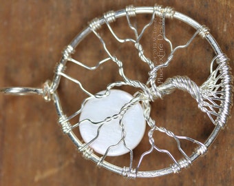 Full Moon Tree of Life Pendant Wire Wrapped Jewelry Pearlescent White Shell Moon Necklace Bare Branch Tree Celtic Elven Celestial Style