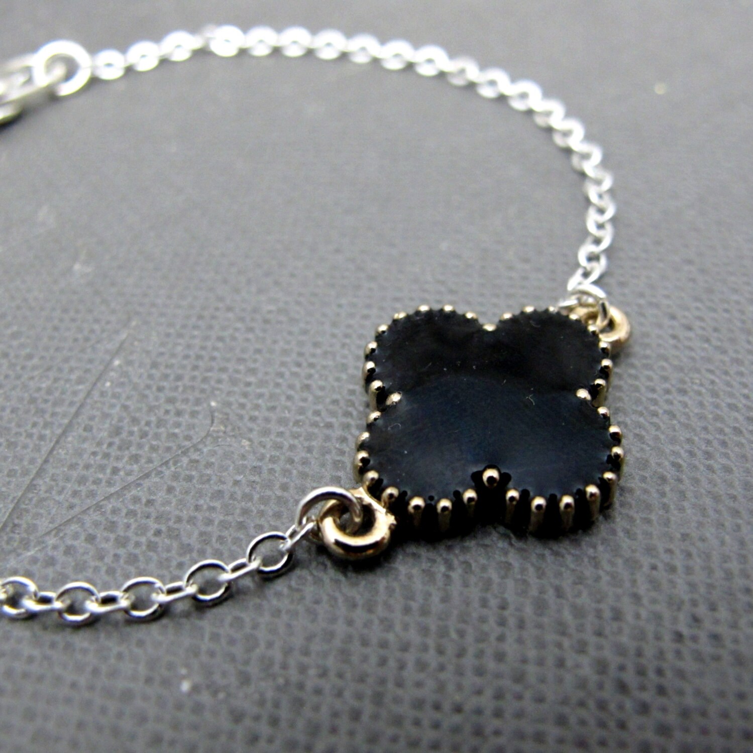 Black Clover Silver Bracelet // Black Quatrefoil Clover by Piggy