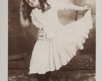 vintage photo Darling Little Girl Dancer Ringlet on Fur Rug RPPC