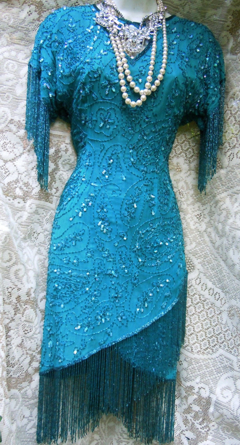 Blue beaded dress vintage silk cocktail by vintageopulence