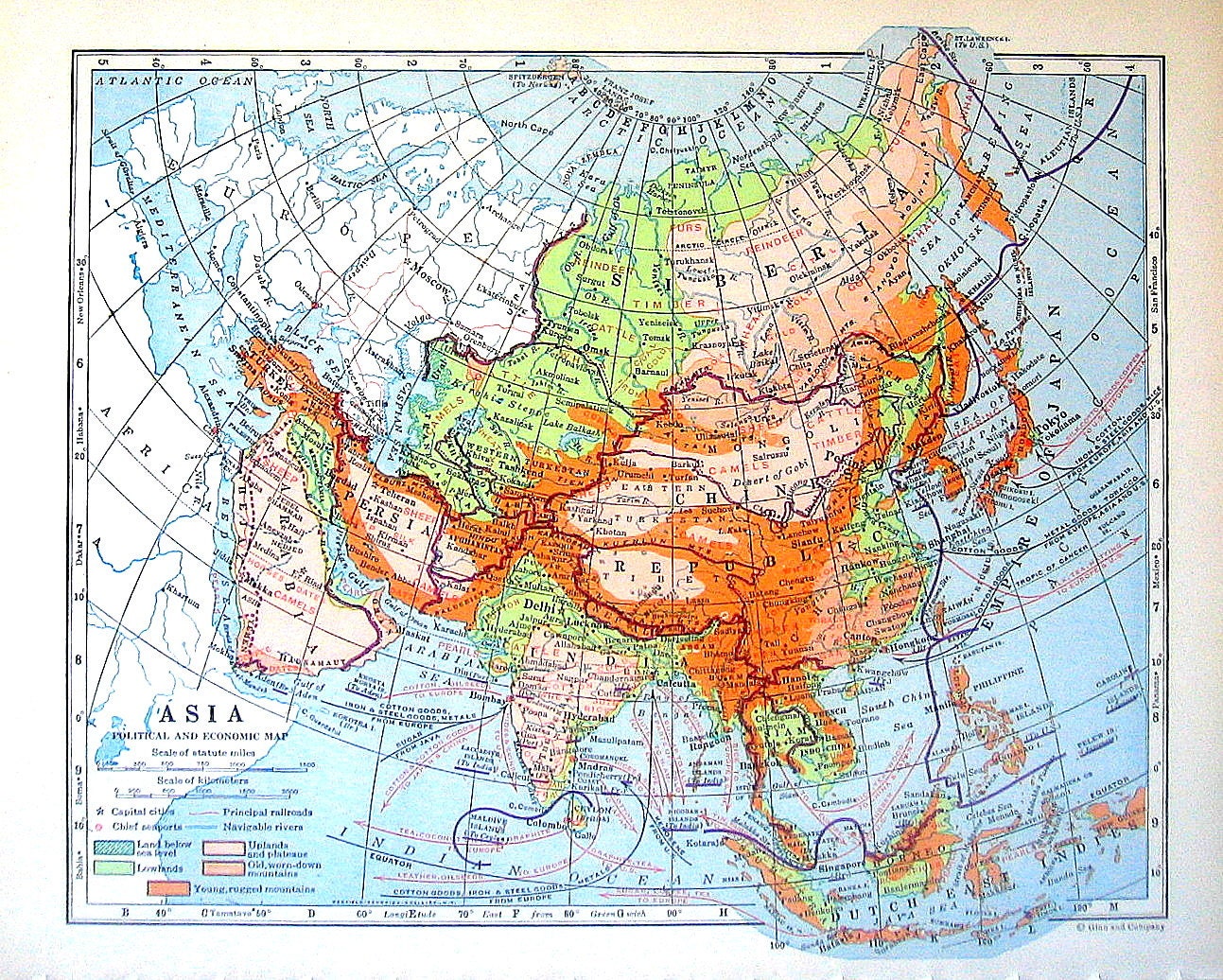 1920 Political and Economic Map of Asia Vintage World