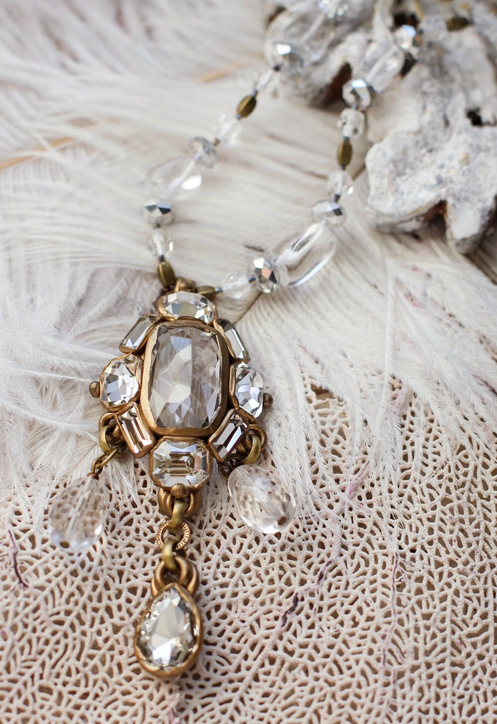 Pale smoky quartz and crystal rhinestone necklace/ pendant