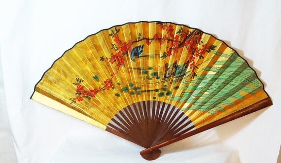 Asian Fan Wall Decor..Hand Painted..Gold by 2goodponiesvintage