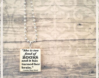 Scrabble Necklace, Book Necklace, Literary Jewelry, Scrabble Jewelry, Book Quote Necklace, Too Fond Of Books, Gift For Her
