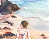 Girl at the Beach, woman art, kee beach watercolor, Kee Beach art Girl at the Beach, woman art, kee beach watercolor, Kee Beach art