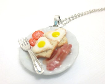 Heart Egg and Bacon Necklace, Miniature Food Jewelry, Polymer Clay Food Jewelry