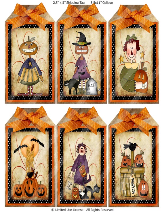 Items similar to Primitive Tags Halloween Printable Digital Collage ...