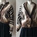 African safari blanket jacket, with zebra stripes, in shades of brown, black and cream, early 1990's, large / extra large