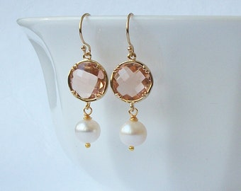 Blush Crystal Pearl Dangle Earrings, Peach Jewelry