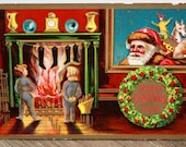 Vintage Christmas Postcard, Vintage Santa Postcard with Santa Claus peeking in window at children in front of fireplace 1909