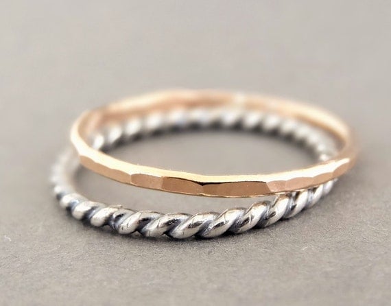 Rose Gold Ring and Oxidized Silver Twist ring set of 2