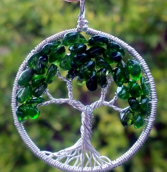 Rare Russian Chrome Diopside Tree of Life Pendant - May Birthstone - Recycled Sterling Silver