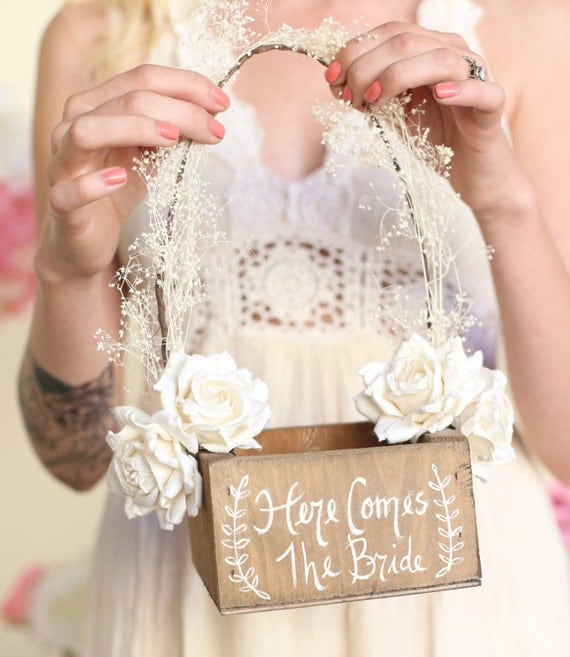 Here Comes The Bride Rustic Flower Girl Basket Barn Wedding Baby's Breath Paper Roses (Item Number MMHDSR10004) by braggingbags