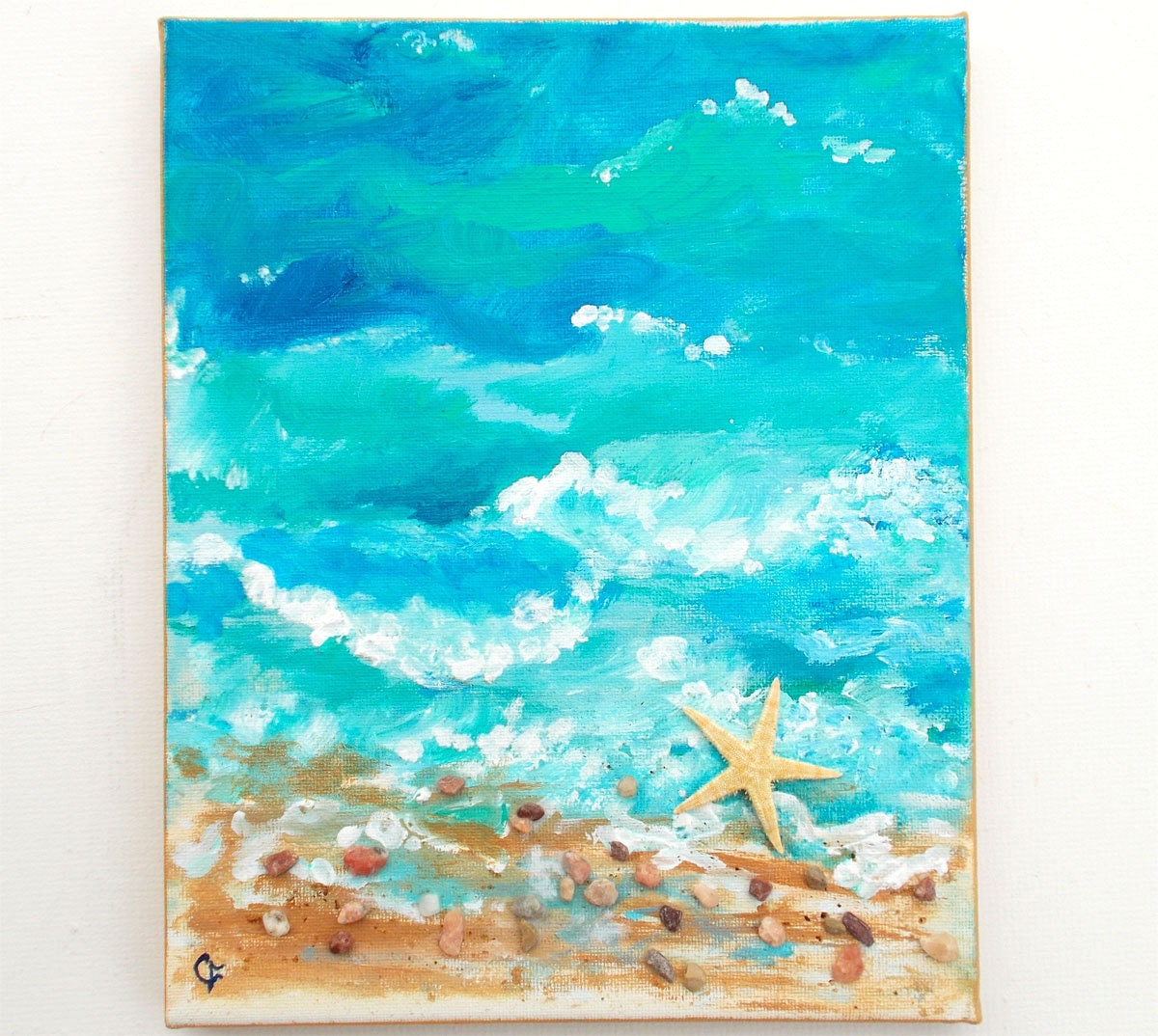 Рисунок губкой на бумаге пляж и море