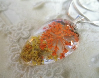 Yellow & Orange Queen Anne's Lace Glass Teardrop Pressed Flower Pendant-Gifts 25 And Under-Symbolizes Peace-Nature's Wearable Art