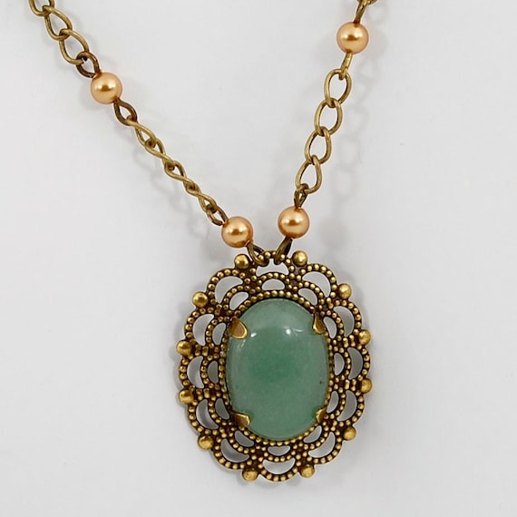 Green Aventurine Pendant on Antique Gold Chain Necklace