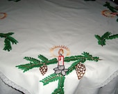 Vintage Embroidered Tablecloth, Square, Christmas, 32"x32" Square