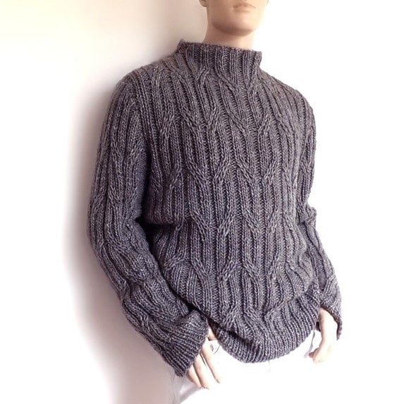 Mens sweater Chunky Knit Gray cabled pullover Smocked