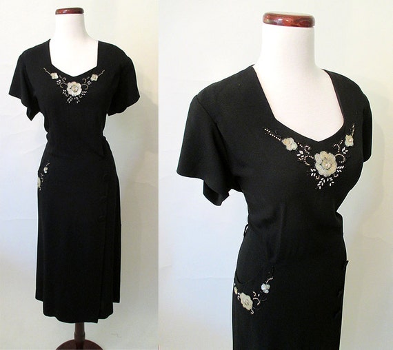 Beautiful XXL 1950's Black Crepe Party Dress with Sequins and Beads ...