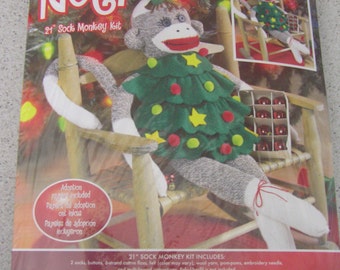 DESTASH Noel 21" Sock Monkey Kit with Holiday Tree Dress Sewing Kit by Janlynn Corp - FREE SHIPPING