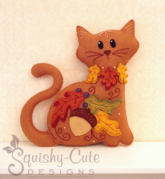 Cat Stuffed Animal Pattern - Felt Plushie Sewing Pattern & Tutorial - Acorn the Thanksgiving Cat - Thanksgiving Embroidery Pattern PDF