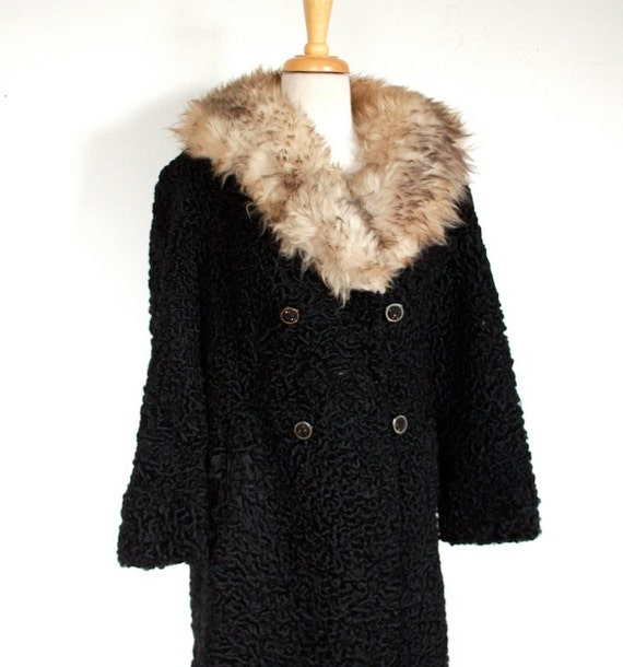 Vinage 1950's Black Persian Lamb Coat with Fur Collar