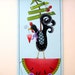 Folk Art Chicken standing on Watermelon holding Heart in Beak , Evergreen Tree and Cherries, Tole Painted on Canvas, Year Round Sign