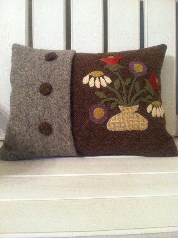 Wool applique decorative floral pillow cover by WOOLYPRIMITIVES