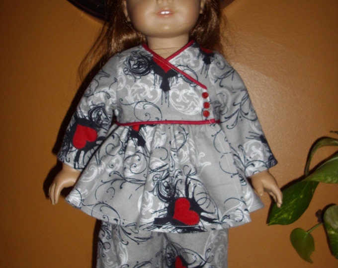 Valentine heart print pajama's in flannel fits dolls like American Girl and 18" dolls, heart and scroll print, pj's,