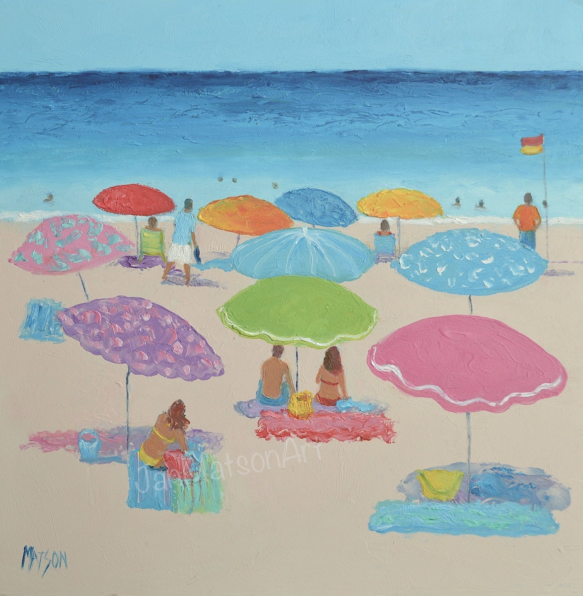 Beach Painting people and umbrellas beach art beach decor