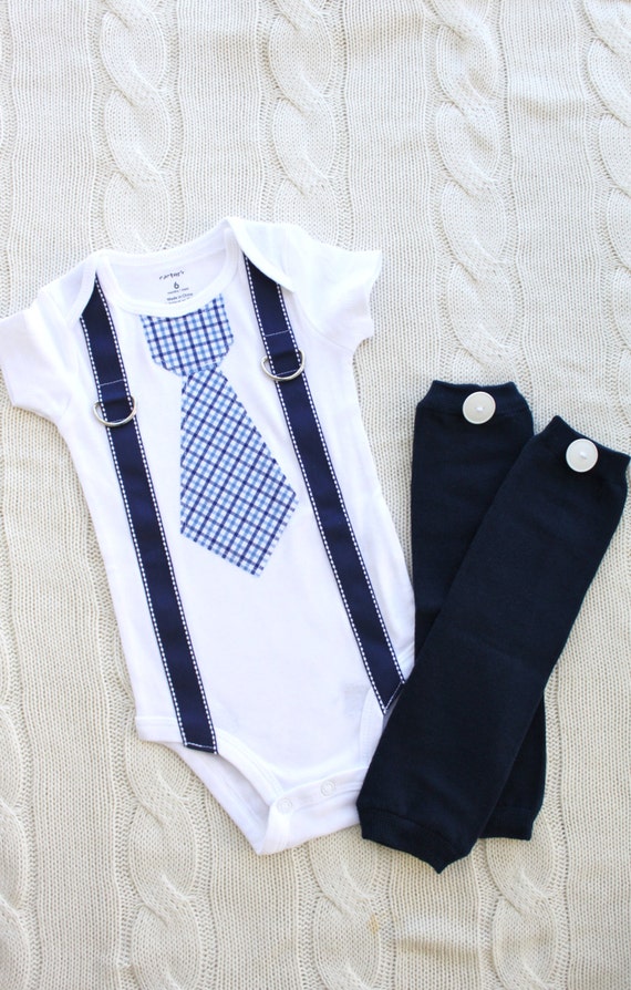 Baby Boy Tie and Suspenders & Button Leg Warmers. Navy Blue, Mustache party. Cake Smash Birthday Outfit, Coming Home, Christmas Holiday Gift by ChicCoutureBoutique