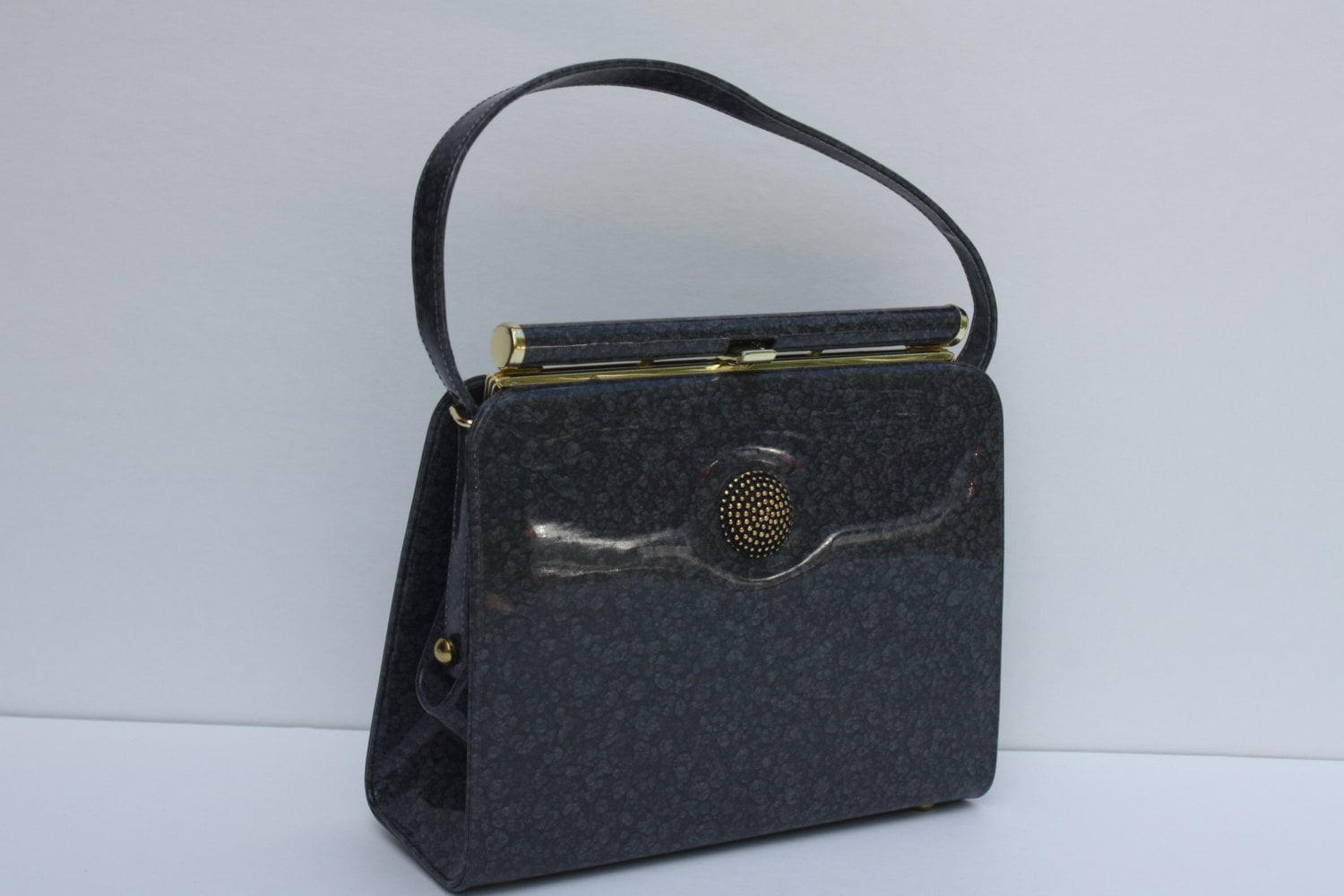 Vintage Patent Leather Purse Handbag Grey Gray Top Handle Bag