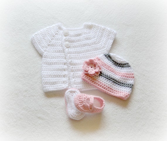 Crochet Baby Beanie Sweater and Mary Janes 3 Piece Set