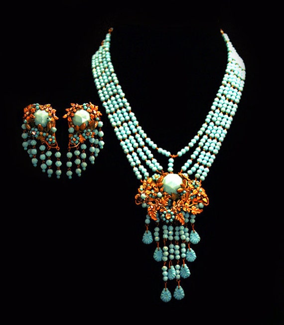 Vintage Runway Haute Couture Jewelry Set Miriam Haskell Gilt Necklace