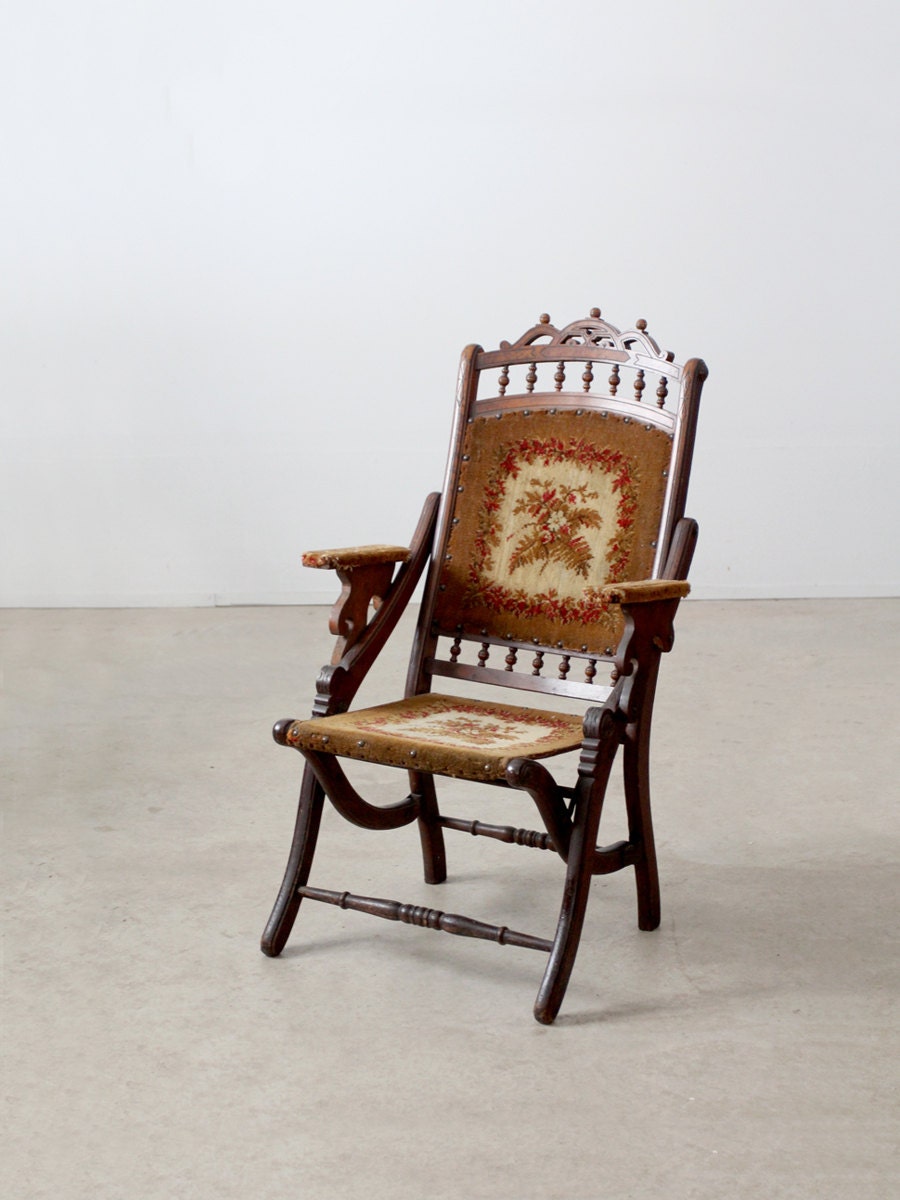 Victorian tapestry chair, 1800s folding “lawn” chair Haute Juice