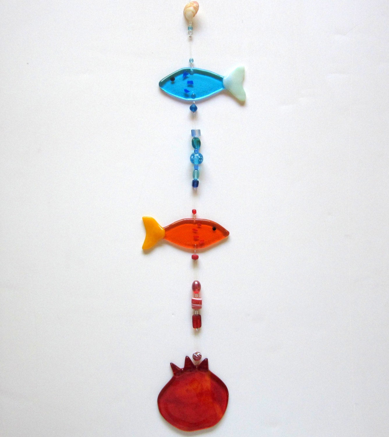 Fused Glass Pomegranate and Fish Mobile Glass Fish and