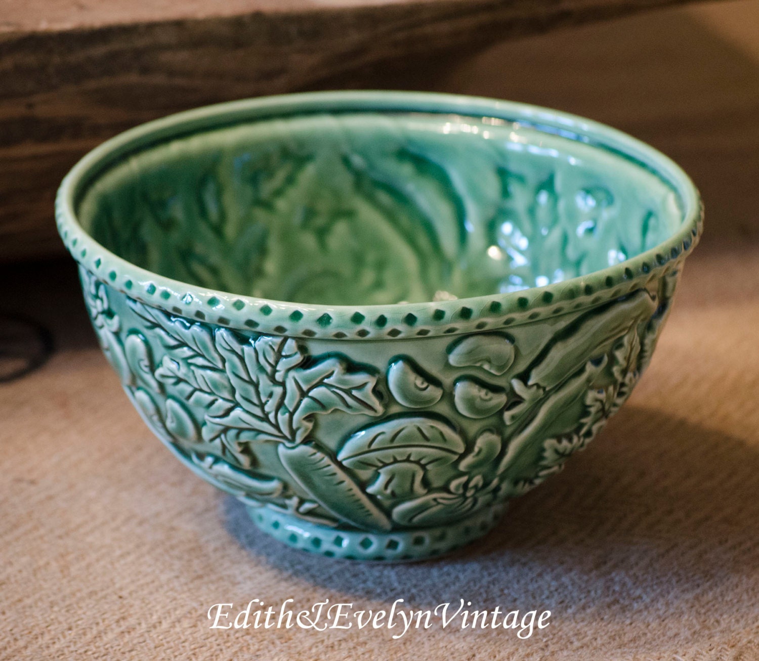 Vintage Majolica Pottery Bowl Green Vegetables